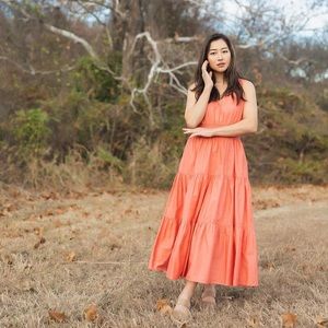 Anthropologie Maeve V Neck Midi Full Skirt Dress Orange Peach 8